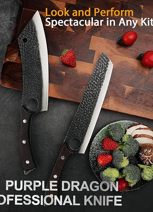 Purple Dragon Kitchen Knife 8 Inch Ultra Sharp Japanese Butcher Knife for Meat Cleaver Vegetable Cutting with Finger Hole Hand Forged High Carbon Steel Chef Knives Christmas Gift for Men and Women
