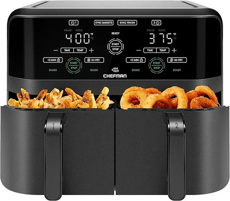 Chefman 6 Quart Dual Basket Air Fryer - Digital Touchscreen, Smart Sync Finish, Hi-Fry, Auto Shutoff, 2 Independent 3QT Nonstick Dishwasher-Safe Frying Baskets - Digital Double Air Fryer - Black