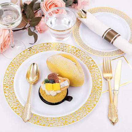 DaYammi 210 PCS Gold Plastic Plates, Gold Plastic Dinnerware Sets, Includes: 30 Dinner Plates, 30 Salad Plates, 30 Pre Rolled Napkins with Gold silverware,30 Cups 9 OZ, Perfect for Wedding and Party