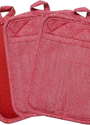 Pot Holders Yarn-Dyed Set of 3 Non Slip Silicone Kitchen Lines Heat Resistant 500℉ Kitchen Gloves BBQ Cooking Baking Cooking Barbecue Microwave Machine Washable (Red Pot Holders)