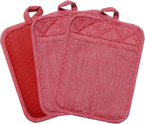 Pot Holders Yarn-Dyed Set of 3 Non Slip Silicone Kitchen Lines Heat Resistant 500℉ Kitchen Gloves BBQ Cooking Baking Cooking Barbecue Microwave Machine Washable (Red Pot Holders)