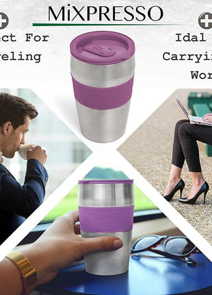Mixpresso Purple Personal Single Serve Coffee Maker with 14oz Travel Mug, Drip Small Coffee Maker with Auto Shut Off, Reusable Filter, Works with Ground Coffee Only – Not for K-Cup Pods