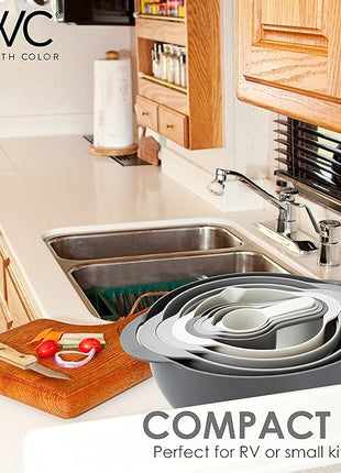 COOK WITH COLOR Nesting Bowls with Measuring Cups Colander and Sifter Set - Includes Mixing Bowls, Colander, Sifter and Measuring Cups, Gray, 8 Pc Bowl