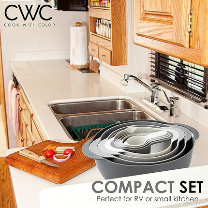 COOK WITH COLOR Nesting Bowls with Measuring Cups Colander and Sifter Set - Includes Mixing Bowls, Colander, Sifter and Measuring Cups, Gray, 8 Pc Bowl