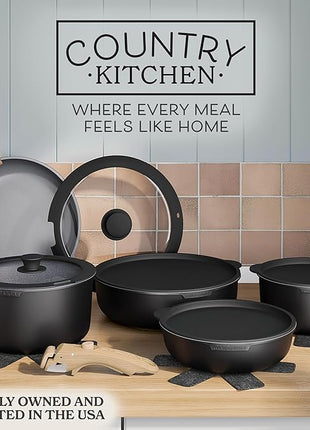 Country Kitchen Cookware Set with Removable Handle, Oven & RV Safe Pots and Pans Set, Black/Grey Wood Handle, Original