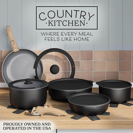Country Kitchen Cookware Set with Removable Handle, Oven & RV Safe Pots and Pans Set, Black/Grey Wood Handle, Original