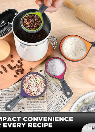 Collapsible Measuring Cups and Nesting Spoons - Adjustable Silicone for Cooking, used for Liquid and Dry Kitchen Items - Portable Portion Control, Dog Food, Kids, Travel, Camper, Space-Saving - 2 Sets