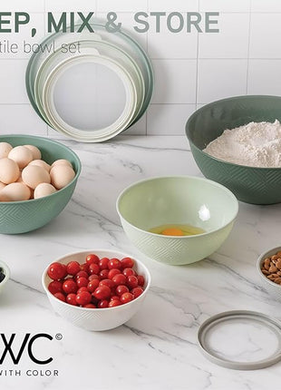 COOK WITH COLOR Mixing Bowls with Lids - 12 Piece Plastic Nesting Bowls Set includes 6 Prep Bowls and 6 Lids, Rhombus Design - Microwave Safe (Sage)