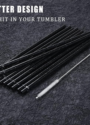ALINK 12PCS Reusable Black Glitter Straws, 11" Long Hard Plastic Tumbler Drinking Straws for 16 OZ 20 OZ 30 OZ Stanley, YETI, Mason Jar, Starbucks Tumblers with Cleaning Brush