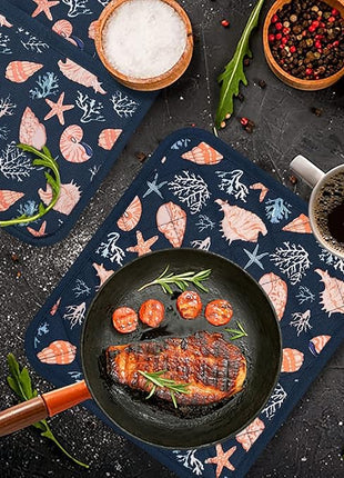 Pot Holders Set of 2 Heat Resistant 480℉ Kitchen 100% Cotton Comfortable Lining Printing Cowry Flower Women Men Home Cooking Baking Microwave BBQ Gift (Cowry potholders)