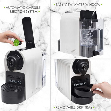 Mixpresso White Espresso Coffee Machine – Compact 1400W Single Serve Coffee Maker Compatible with Nespresso OriginalLine Capsules, One-Touch Operation, 19-Bar Italian Pump, 27oz Water Tank