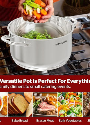 SUNHOUSE 13-Quart Stainless Steel Stockpot w/Tempered Glass Lid - Heavy-Duty, Food-Grade Cookware for Simmering, Boiling, and Induction Cooking - Exceptional Heat Distribution