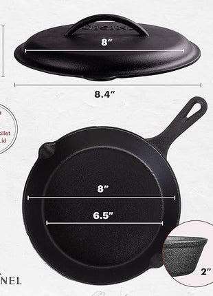 Cuisinel Cast Iron Skillet with Lid - 8"-inch Pre-Seasoned Covered Frying Pan Set + Silicone Handle and Lid Holders + Scraper/Cleaner - Indoor/Outdoor, Oven, Camping Fire, Grill Safe Kitchen Cookware
