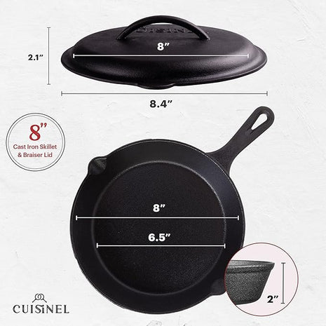 Cuisinel Cast Iron Skillet with Lid - 8"-inch Pre-Seasoned Covered Frying Pan Set + Silicone Handle and Lid Holders + Scraper/Cleaner - Indoor/Outdoor, Oven, Camping Fire, Grill Safe Kitchen Cookware