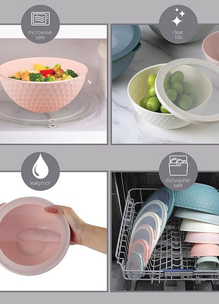 COOK WITH COLOR Mixing Bowls with Lids - 12 Piece Plastic Nesting Bowls Set includes 6 Prep Bowls and 6 Lids, Non Slip Bottom and Embossed Design - Microwave Safe (Teal)