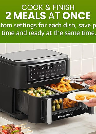 Elite Gourmet EAF1055D Dual Zone Air Fryer Oven, 11QT. Capacity with Divider, Sync Finish, Dishwasher Safe Basket, 10 Preset Functions, 1600-Watts, with Recipe Booklet, Black