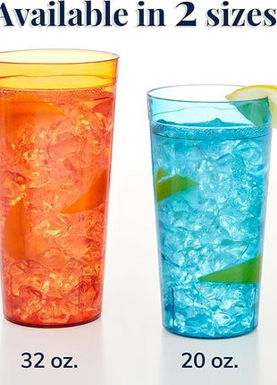 US Acrylic Cafe Plastic Reusable Tumblers (Set of 16) 20-ounce Water Cups Assorted Colors | Restaurant Style Drinking Glasses Value Set, Stackable, BPA-free, Made in the USA | Top-rack Dishwasher Safe