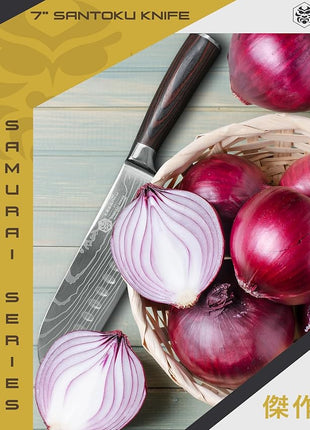 KESSAKU Santoku Knife - 7 inch - Samurai Series - Razor Sharp Kitchen Knife - Forged 7Cr17MoV High Carbon Stainless Steel - Wood Handle with Blade Guard