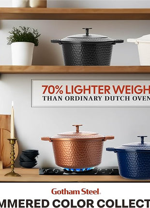 Gotham Steel Hammered 5 Qt Lightweight Dutch Oven Pot with Lid & Holders, Ceramic Non Toxic, Oven Safe & Even Heat Retaining Dutch Oven for Bread Baking Sourdough, Soup, 70% Lighter than Cast Iron