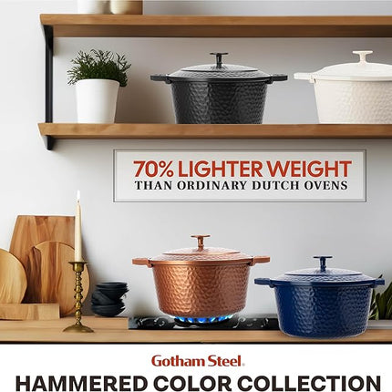 Gotham Steel Hammered 5 Qt Lightweight Dutch Oven Pot with Lid & Holders, Ceramic Non Toxic, Oven Safe & Even Heat Retaining Dutch Oven for Bread Baking Sourdough, Soup, 70% Lighter than Cast Iron