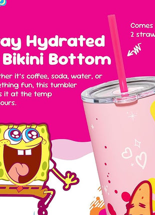 Dragon Glassware x SpongeBob SquarePants 24 oz Vacuum Insulated Tumbler with Lid and Straw - Tumbler Cup with 2 Straws - Stainless Steel Tumbler with Straw for Water, Iced Tea - SpongeBob - Pink