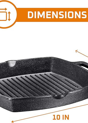 Bruntmor 10 Inch Square Cast Iron Grill Pan Steak Pan Pre Seasoned Grill Pan with Easy Grease Drain Spout, with Large Loop Handles for Grilling Bacon, Steak, and Meats