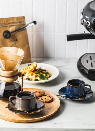 YHOSSEUN Espresso Cups 4 Oz, Porcelain Coffee Cups Set of 6 Espresso Cup with Saucers, Meatal Stand, and Stir Spoons, Brown Expresso Shots Cup