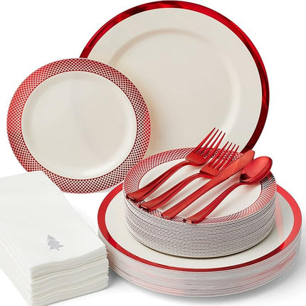 By Madee HEAVYWEIGHT 175 Pc Ivory with Red Trim Plastic Disposable Dinnerware Set with Silverware & Linen-Like Premium Napkins (25 Guests)