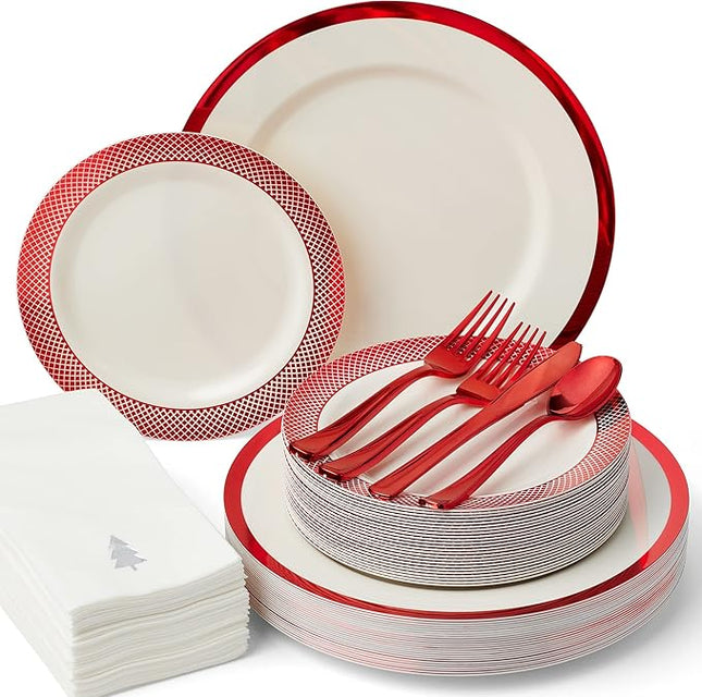 By Madee HEAVYWEIGHT 175 Pc Ivory with Red Trim Plastic Disposable Dinnerware Set with Silverware & Linen-Like Premium Napkins (25 Guests)