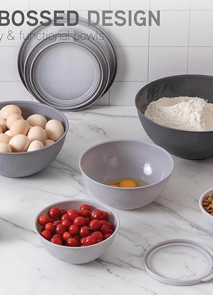 COOK WITH COLOR Mixing Bowls with Lids - 12 Piece Plastic Nesting Bowls Set includes 6 Prep Bowls and 6 Lids, Rhombus Design - Microwave Safe (Grey)