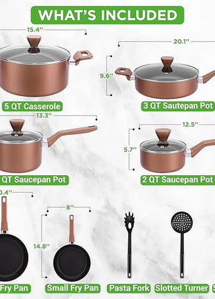 NutriChef 13 Pcs. Nonstick Kitchen Cookware PFOA/PFOS-Free Heat Resistant Kitchenware Set w/Saucepan, Frying Pans, Cooking Pots, Casserole, Lids, & Utensils, Brown, NCCWA13BR