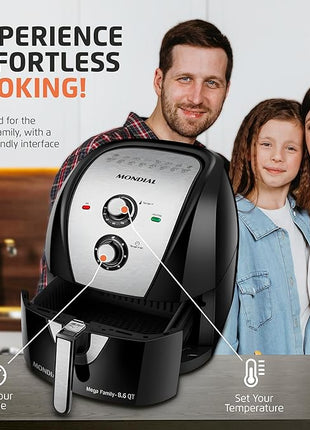 MONDIAL Air Fryer - 8.6 Quart Extra-Large Air Fryer, 2 Simple Dial Controls, 1800 Watts - Quick Heat Circulation Technology, Low Fat Cooking Less Calories - Removable Squared Basket - Black