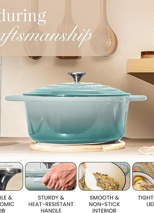 Nuovva Enamelled Cast Iron Dutch Oven Pot with Lid 6.4 Quart Non Stick Casserole Pot – Heavy Duty & Oven Safe up to 500° F for Bread Baking, Braising, Stews, Roasting – 28cm Sea Salt