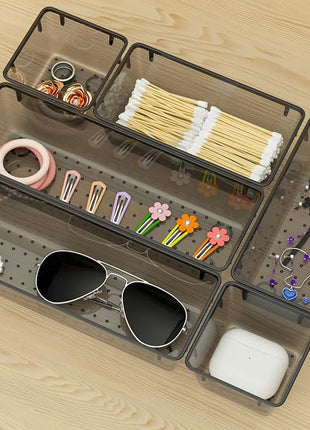 WOWBOX 9 Pack Clear Drawer Organizer Set, Acrylic Drawer Storage Trays, Storage Bins for Makeup, Cosmetics, Jewelries, Utensils, Gadgets, Office, Black