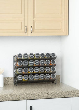 SpaceAid Spice Rack Organizer with 28 Spice Jars, 386 Spice Labels, Chalk Marker and Funnel Set for Cabinet, Countertop, Pantry, Cupboard or Door & Wall Mount - 28 Jars, 13.4" W × 10.8" H, Black
