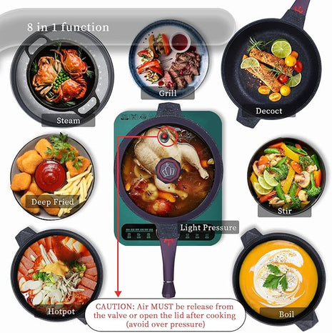 TIBORANG 8 in 1 Multipurpose 11 Inch 5 Qt Frying Pans Nonstick with Lid,Steamed Grid,PFOA-Free,Dishwasher&Oven Safe,Works with All Stovetops (Purple)