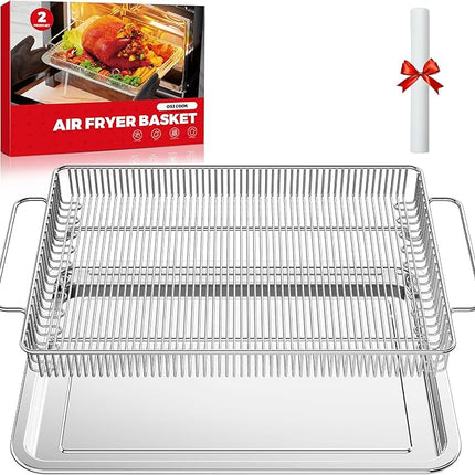 Air Fryer Basket for Oven, Air Fryer Basket and Stainless Steel Baking Tray Pant Oven Air Fryer Pan Rack for Cooking Baking Dishwasher and Broiling (15.9 in * 9.8 in &14.9 in * 11 in)