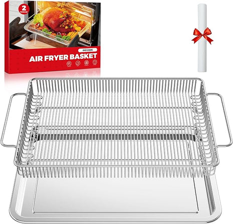 Air Fryer Basket for Oven, Air Fryer Basket and Stainless Steel Baking Tray Pant Oven Air Fryer Pan Rack for Cooking Baking Dishwasher and Broiling (15.9 in * 9.8 in &14.9 in * 11 in)