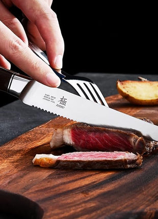 KYOKU 5 Inch Steak Knife Set of 4 - Daimyo Series Japanese 440C Stainless Steel Serrated Steak Knives - Ergonomic Rosewood Handles Mosaic Pins - with Sheaths & Case