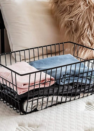 Slideep Farmhouse Large Wire Organizer Storage Bins Freezer Food Storage Basket for Kitchen Cabinets, Office, Bathroom, Pantry Organization Storage Bins Rack with Handles, 2 Pack, Black