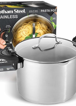 GOTHAM STEEL 8 Qt Stainless Steel Stock Pot Multipurpose Pasta Pot with Strainer Lid & Twist and Lock Handles, for Soup, Spaghetti, Rice, Induction Ready, Dishwasher Safe