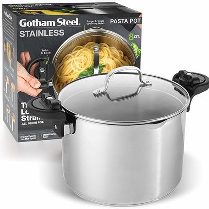 GOTHAM STEEL 5 Qt Stainless Steel Stock Pot Multipurpose Pasta Pot with Strainer Lid & Twist and Lock Handles, for Soup, Spaghetti, Rice, Induction Ready, Dishwasher Safe