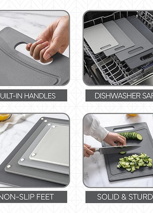 COOK WITH COLOR Non-Slip Cutting Board Set – Kitchen Essentials with Easy Grip Handle for Meat, Veggies, and Fruits, 4 Cutting Boards, Gray-New