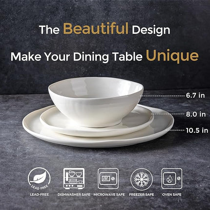 LERATIO Ceramic Dinnerware Sets for 6,Porcelain Plates and Bowls Sets with Wavy Edge, Oven &Microwave & Dishwasher Safe,Light Weight & Scratch Resistant Dishes Sets-Service for 6 (18pcs)-Peal White