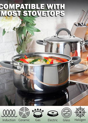 Cook N Home Kitchen Cookware Set, 12-Piece Basics Stainless Steel Pots and Pans Set with Grey Silicone Handle, Silver