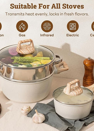 17 Pcs Pots and Pans Set Non stick，Cookware Sets White Granite Induction Cookware, Non-toxic Healthy Non Stick Kitchen Cooking Set with Frying Pans Set, Saucepans (PFAS, PFOA, PFOS Free) White