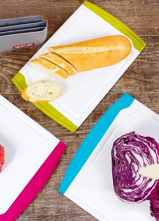 Neoflam 4 Piece Plastic Coded Cutting Board Set plus Organizer with Food Icon, Microban Protection, Extra Large, BPA Free, Juice Groove, Non Slip, Dishwasher Safe, Multicolor