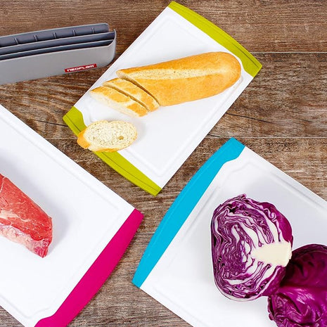 Neoflam 4 Piece Plastic Coded Cutting Board Set plus Organizer with Food Icon, Microban Protection, Extra Large, BPA Free, Juice Groove, Non Slip, Dishwasher Safe, Multicolor