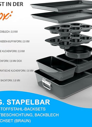 NutriChef 8-Piece Nonstick Stackable Bakeware Set - PFOA, PFOS, PTFE Free Baking Pans Set w/Non-Stick Coating, 450°F Oven Safe, Round Cake, Loaf, Muffin, Wide/Square Pans, Cookie Sheet (Gray)