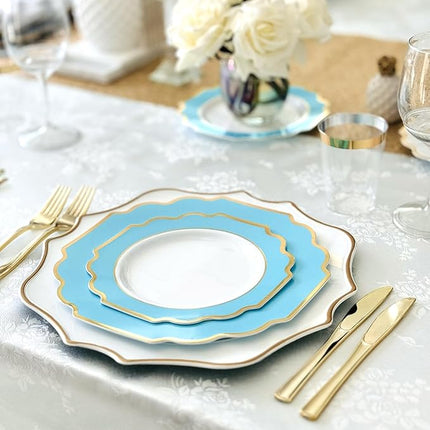 " OCCASIONS " 240 Plates Pack (120 Guests) Heavyweight Wedding Party Disposable Plastic Plates Set -120 x 10.5'' Dinner + 120 x 8'' Salad/Dessert Plate (Imperial Aqua/Gold)